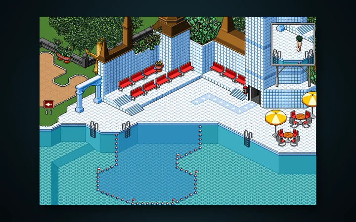 Het binnenbad met tegels en een trap