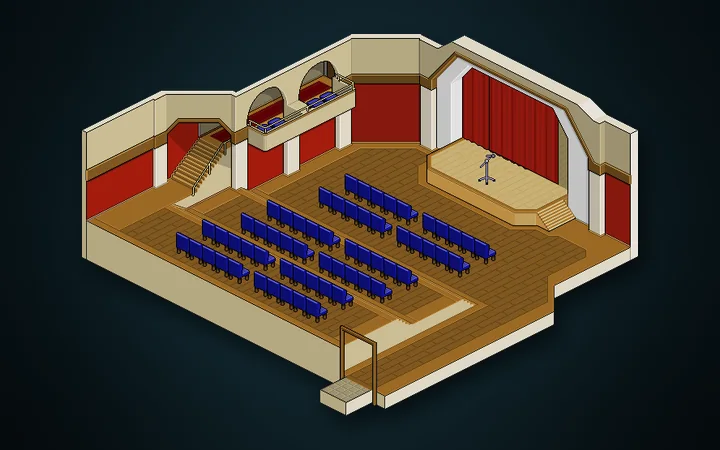 Het theater in Holo Hotel met rijen stoelen en een podium